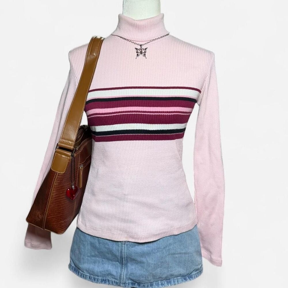 Vintage Y2K Fashion Bug Pink Striped Turtleneck Sweater Whimsy Cottage Fall